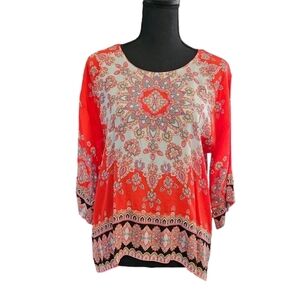 Love Kyla Semi Sheer Floral Pull Over Blouse Red White Black 100% Viscose Size S